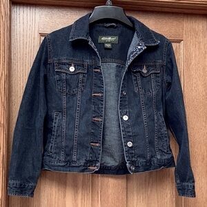 Eddie Bauer dark wash denim blue jean jacket. Women’s size small